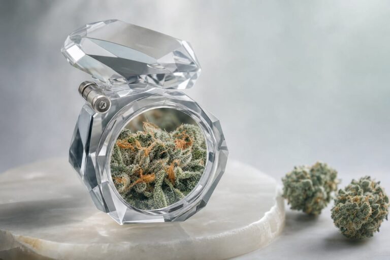 Faceted crystal loupe enlarging a frosty emerald bud, Best cannabis flower Cambridge MA evaluation scene