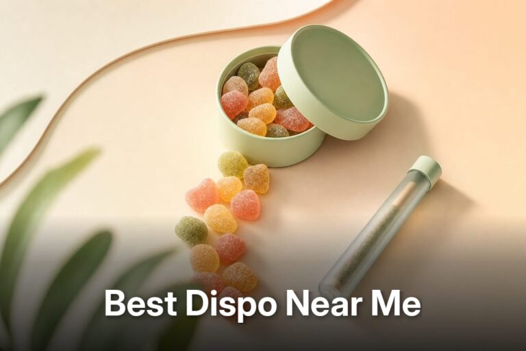 Elegant open resin gummy tin with sugar-dusted fruit gummies and a frosted pre-roll — best dispo near me