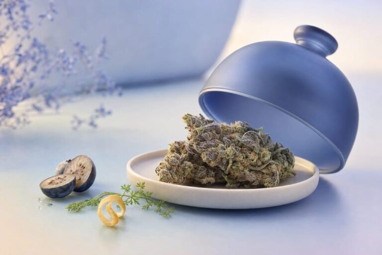 Frosted cobalt glass lifted over premium cannabis flower suggesting blue dream strain flavors