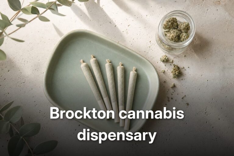 Neatly arranged fan of five 1g pre-rolls on a tray at Brockton cannabis dispensary