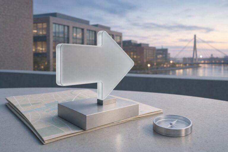 Frosted glass directional arrow with map and compass indicating Dispensary near East Cambridge