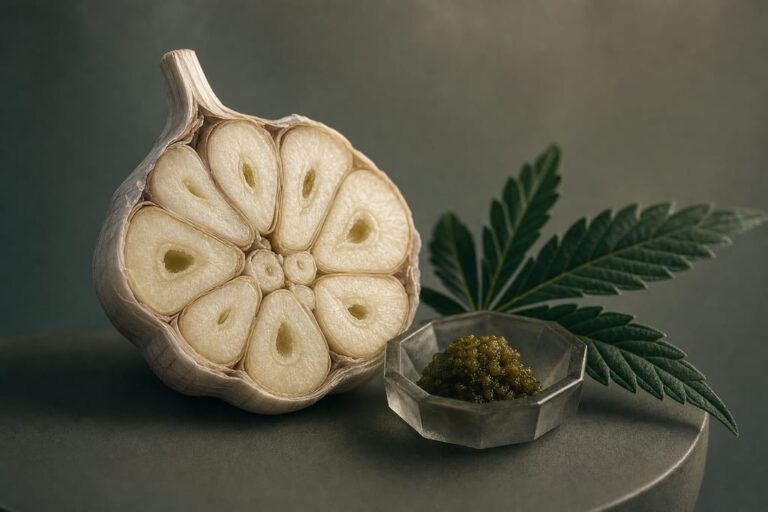 Halved garlic bulb foreground beside frosted dish of terpene resin suggesting gmo strain