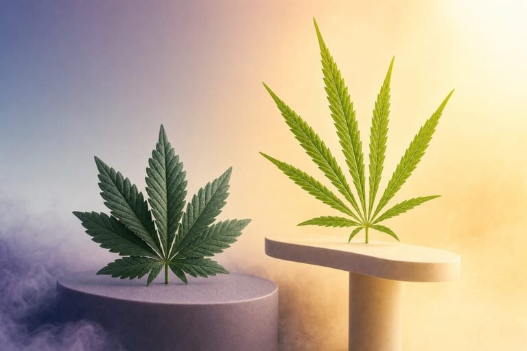 Contrasting indica vs sativa leaves on split pedestals with dawn and dusk lighting