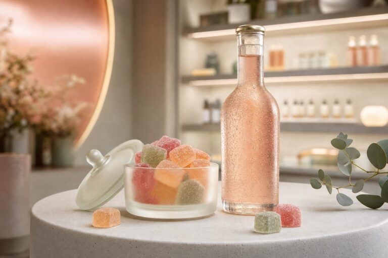 Premium cannabis drink and gummy pairing on pedestal in upscale kush dispensary near me