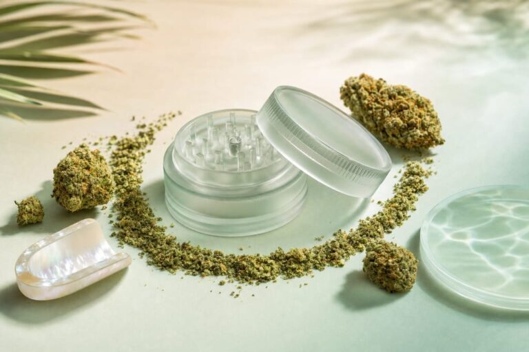 Frosted glass cannabis grinder surrounded by ground tropical buds and maui wowie flower near me