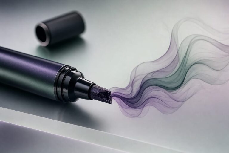Uncapped permanent marker strain on frosted acrylic with violet-black ink tip and aromatic wisps