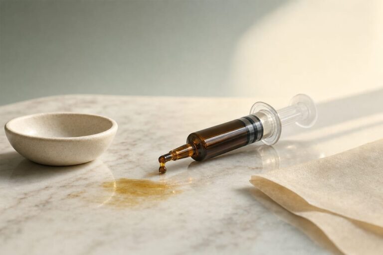 Amber glass syringe with viscous drop of rso oil on alabaster surface