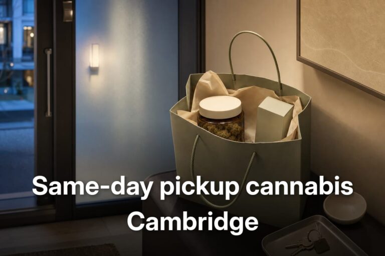 Sleek cannabis pickup parcel on a condo entry bench at dusk, Same-day pickup cannabis Cambridge