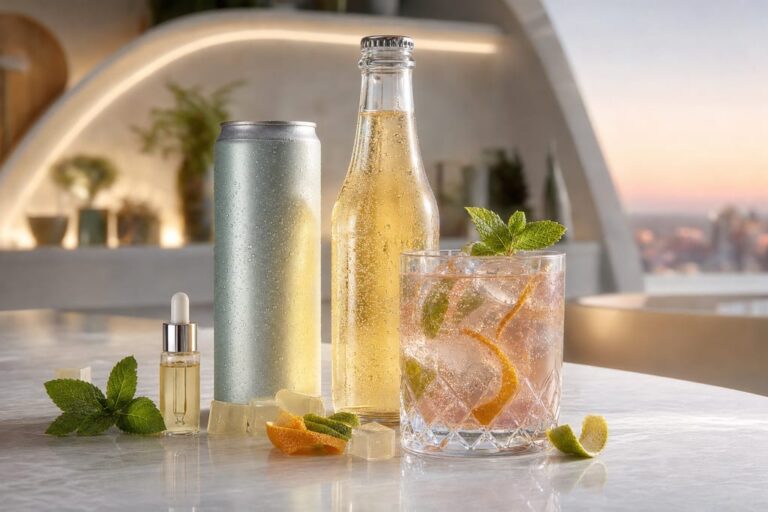 Assorted elegant THC beverages on reflective stone bar with garnishes and soft pastel light