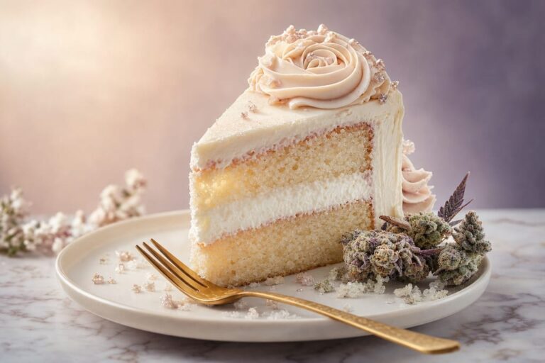 Luxurious slice of cake highlighting wedding cake strain motifs with trichome-like sugar crystals and buds